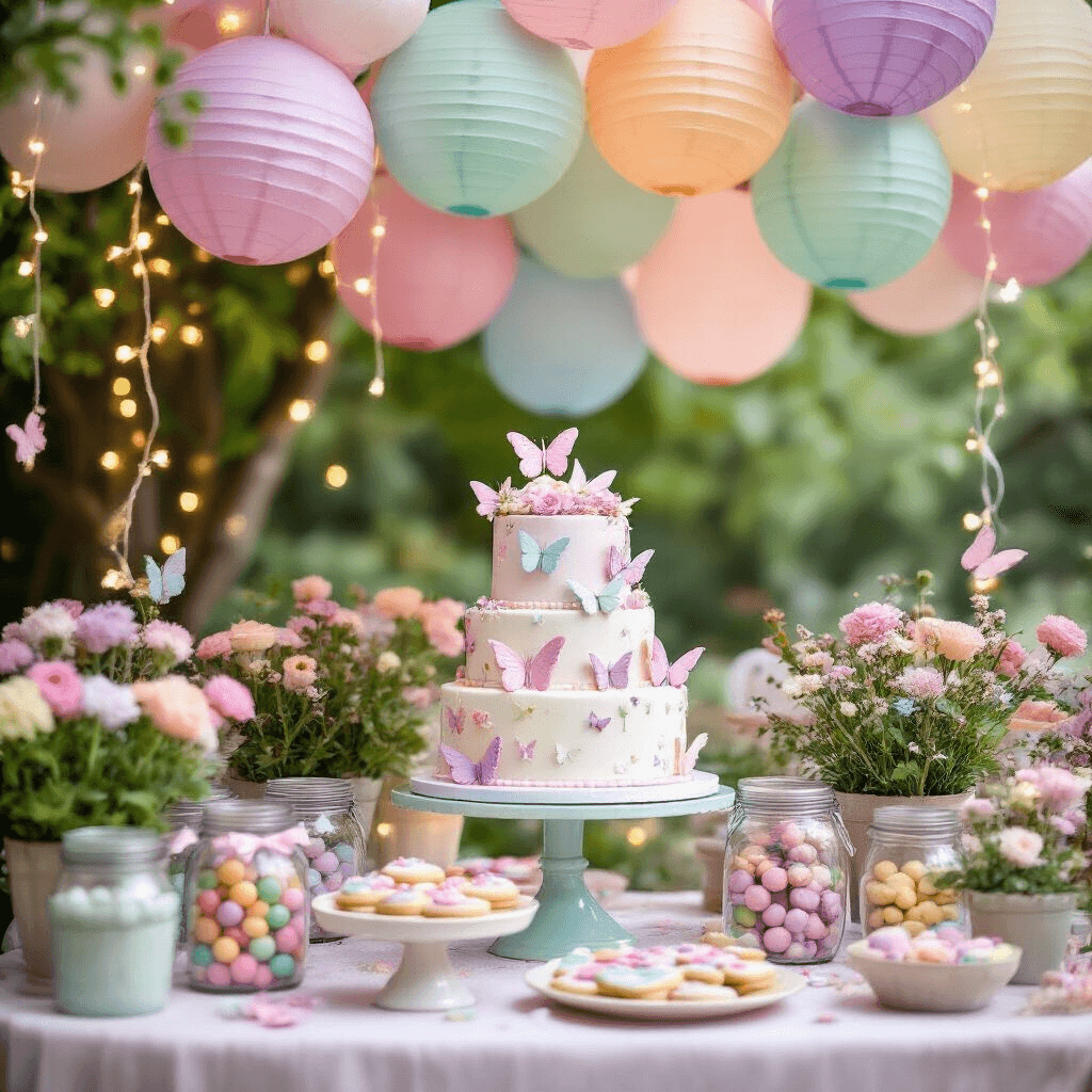 A whimsical garden birthday party with a dessert table under pastel balloons and paper lanterns, featuring a tiered cake topped with fondant butterflies and flowers, surrounded by mason jars of colorful candies and fairy tale character cookies, illuminated by twinkling fairy lights among potted plants and floral arrangements in soft pinks, lavenders, and mint greens.