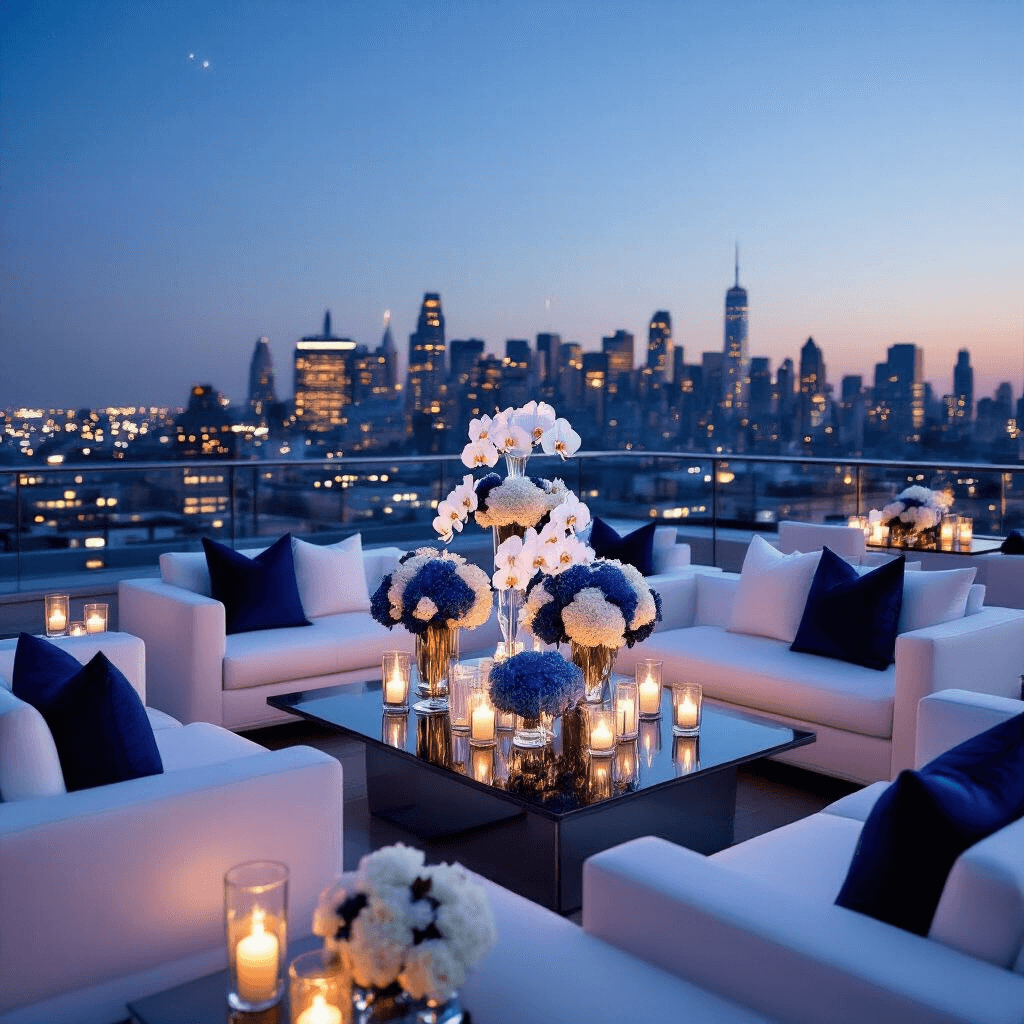 An elegant rooftop cocktail party at twilight, featuring a city skyline backdrop, low white lounge furniture with navy and silver pillows, high-top tables adorned with white orchids and blue hydrangeas in tall vases, and a champagne tower illuminated by candles, all in a midnight blue, silver, and white color scheme.