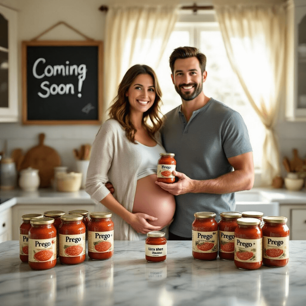 A couple in a sunlit kitchen, the woman with a visible baby bump, stands behind a marble countertop surrounded by jars of Prego sauce. The man holds a jar labeled 'We're Prego!', and the woman cradles a small jar marked 'Little Meatball'. Natural light filters through curtains, illuminating their joyful faces, with a chalkboard in the background reading 'Coming Soon!'.