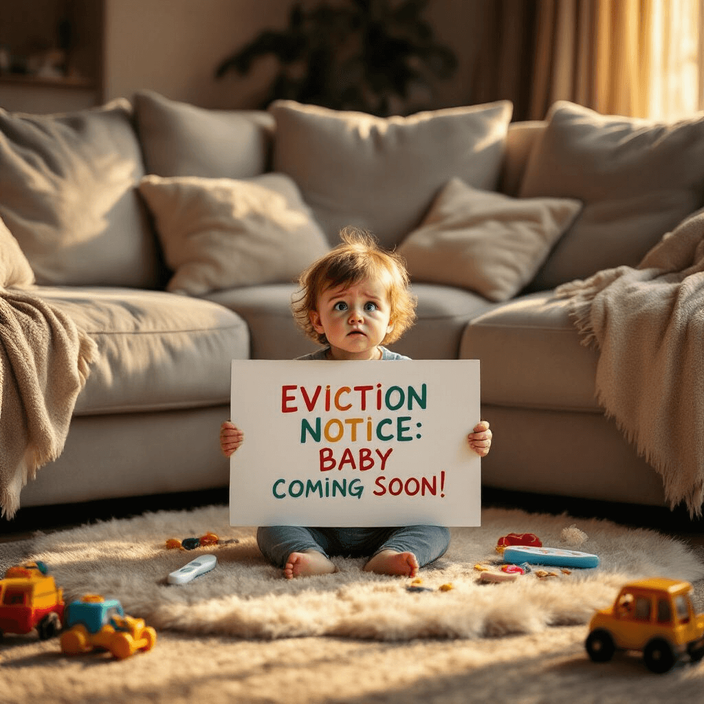 A cozy living room scene featuring oversized, plush sofas and a toddler sitting cross-legged on a fluffy rug. The toddler holds a large white sign that reads 'Eviction Notice: Baby Coming Soon!' in colorful, childlike letters. Toys are scattered around, and a pregnancy test is partially visible behind a throw pillow. Warm, golden hour light creates a nostalgic atmosphere.