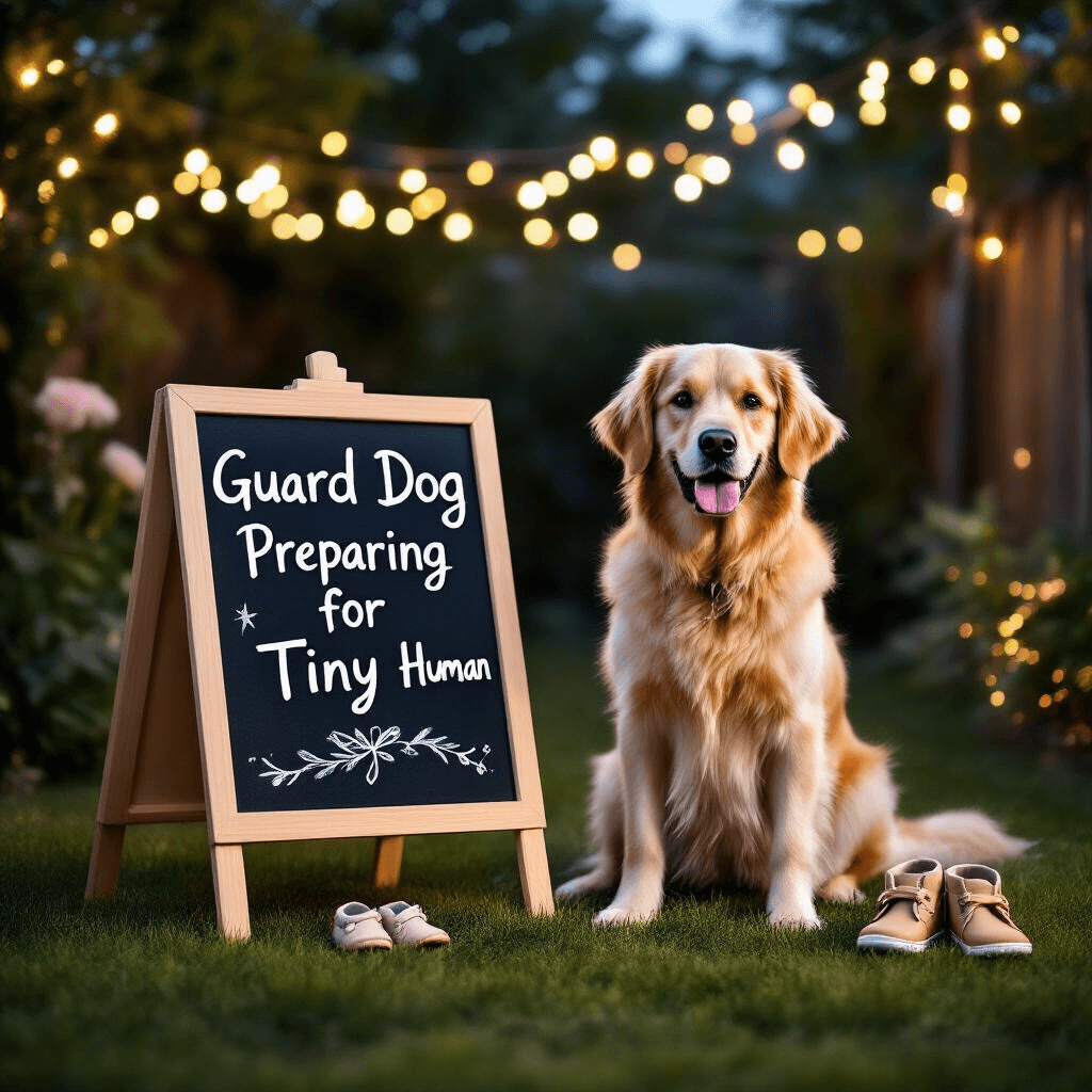 A twilight backyard scene featuring a Golden Retriever beside a chalkboard easel with the sign 'Guard Dog Preparing for Tiny Human.' Nearby are adult shoes next to tiny baby booties, with fairy lights twinkling overhead and soft bokeh lights indicating a celebration.