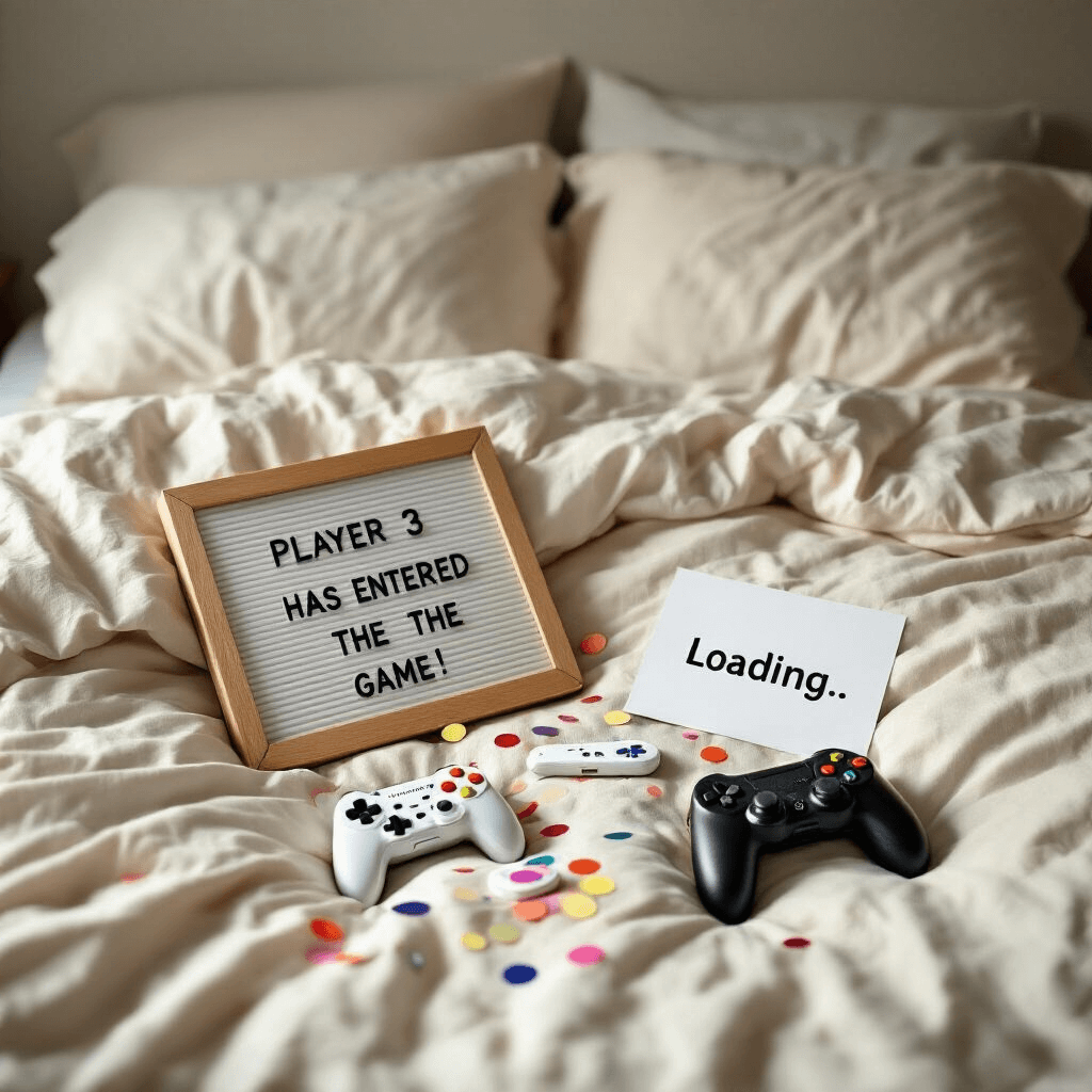 An intimate bedroom filled with soft morning light featuring a rumpled bed, a letterboard stating 'Player 3 has entered the game!' propped against pillows, two game controllers and a small controller on the duvet, with a positive pregnancy test surrounded by confetti and a 'Loading...' graphic printout nearby.