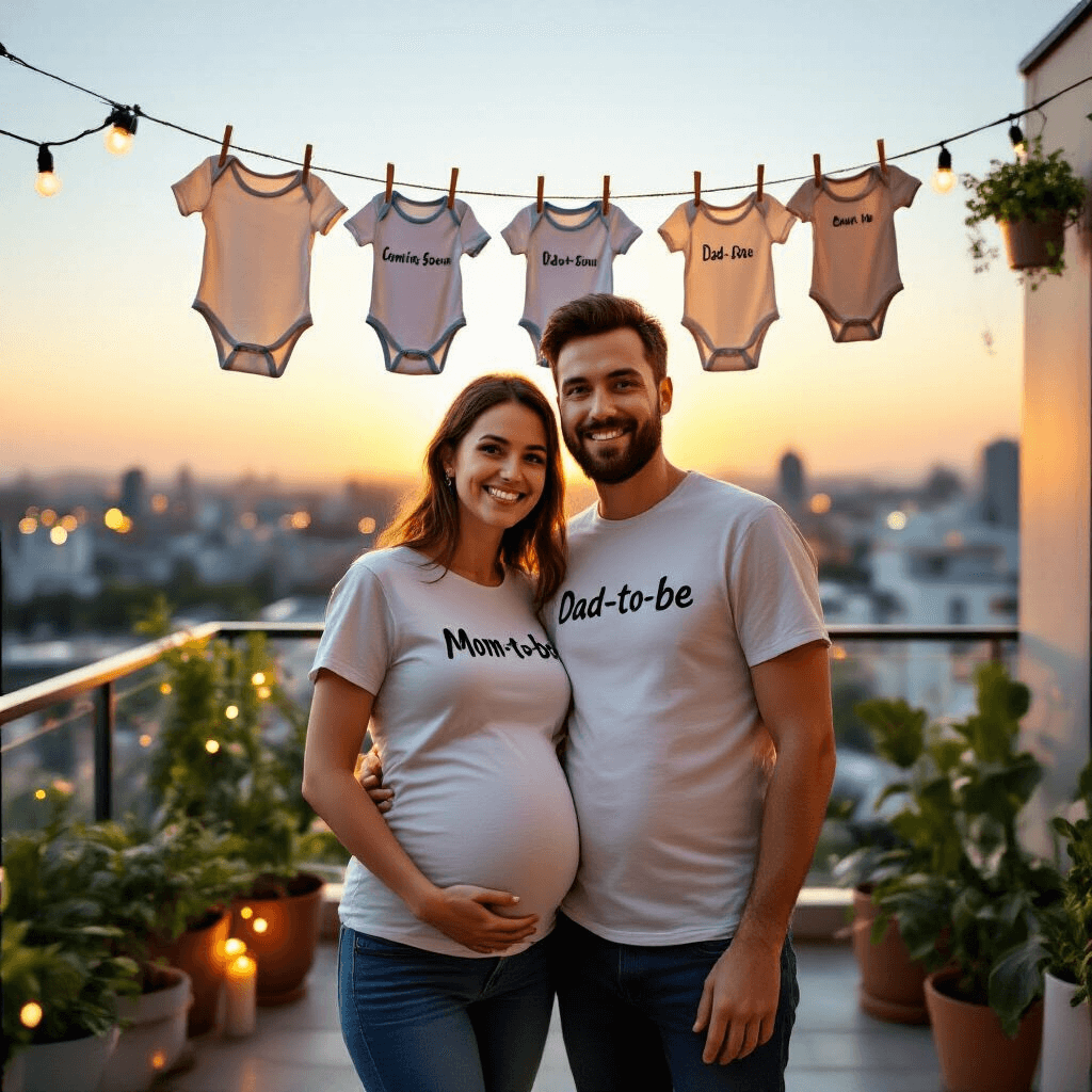 A couple in 'Mom-to-be' and 'Dad-to-be' t-shirts joyfully pose for a selfie on a stylish apartment balcony at sunset, with a clothesline of descending-sized onesies labeled 'Coming Soon' behind them, surrounded by potted plants and string lights, and a warmly glowing cityscape in the background.