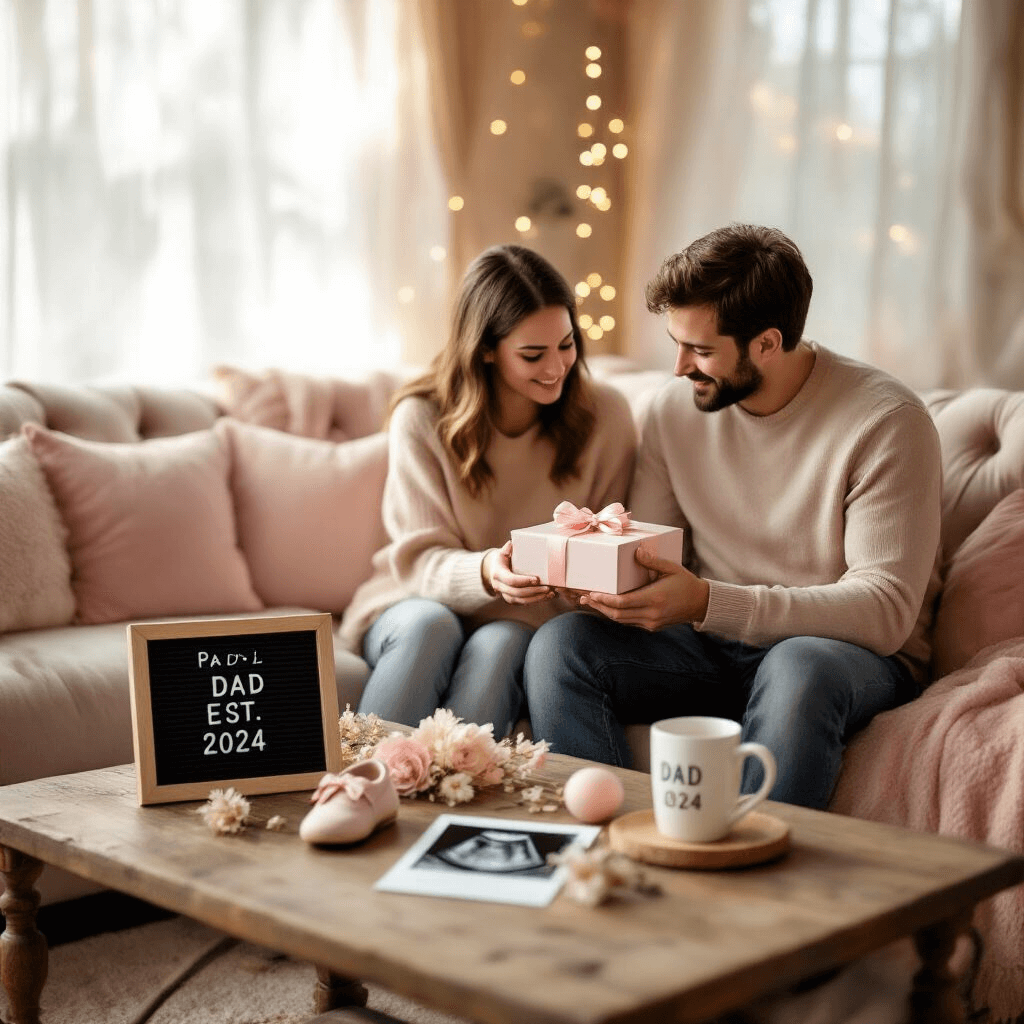 A cozy living room filled with soft morning light, featuring a couple on a plush velvet sofa. The woman hands her partner a gift box with tiny baby shoes. Nearby, a wooden coffee table displays pregnancy announcement props including a letter board and an ultrasound photo. Twinkling fairy lights add to the intimate atmosphere.