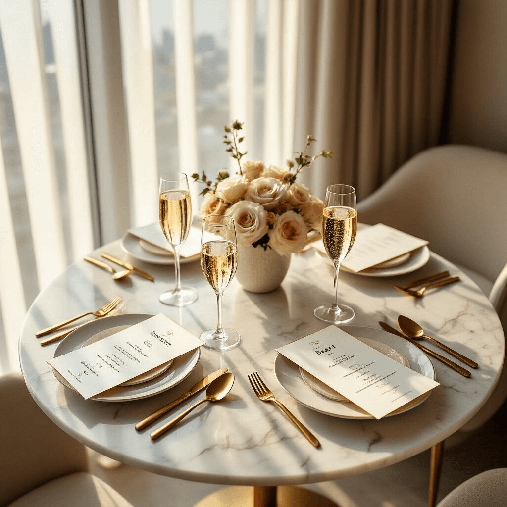 An overhead shot of an intimate dining nook in a modern apartment, bathed in golden hour sunlight. A round marble table is elegantly set for two, featuring gold cutlery, delicate floral centerpieces in cream and blush tones, and custom menu cards that reveal pregnancy news. Champagne flutes filled with sparkling cider complete the festive atmosphere, while sheer drapery frames a city view in the background.