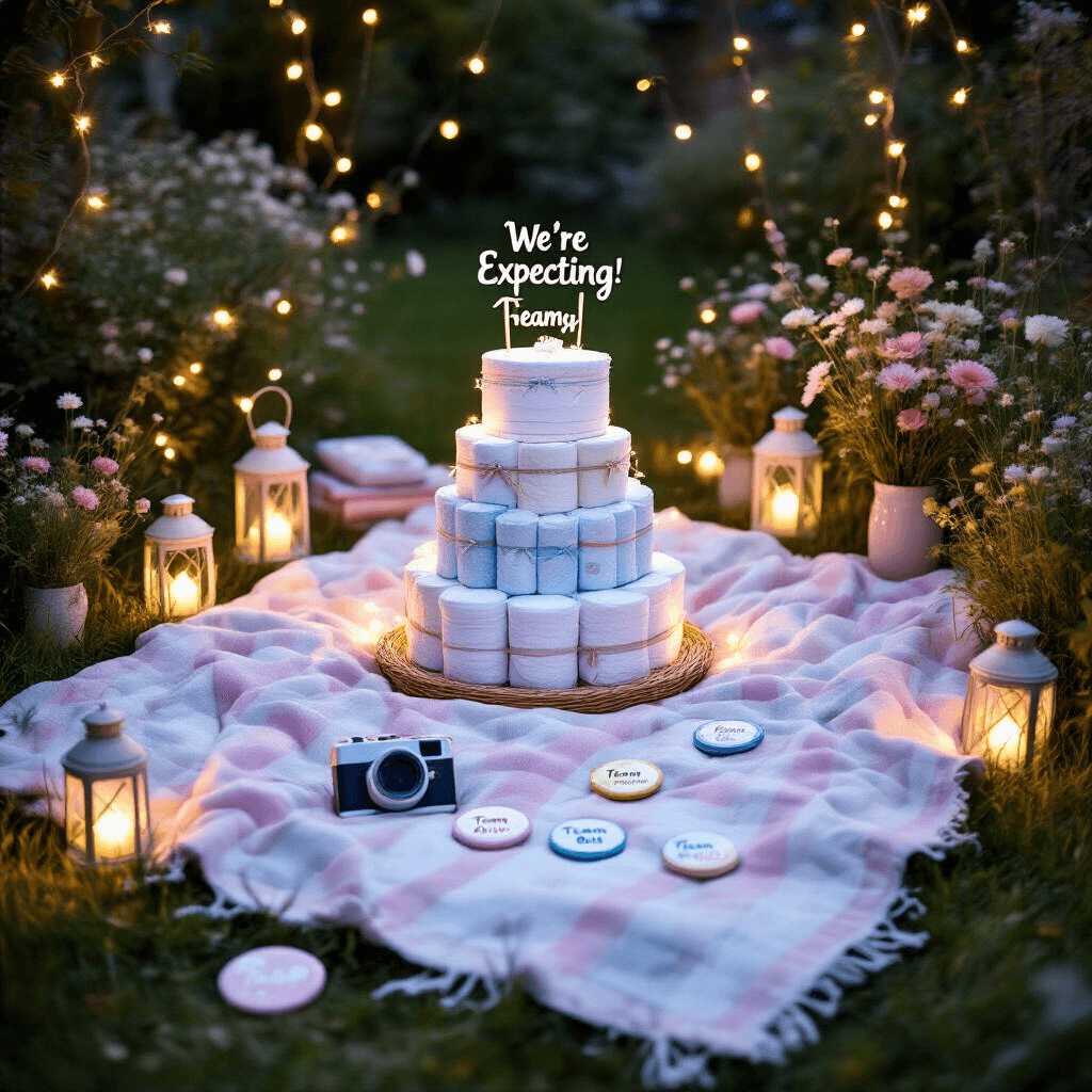 A whimsical backyard scene at twilight featuring twinkling fairy lights, a pastel picnic blanket on lush grass, a diaper cake with a 'We're Expecting!' topper, wildflowers, lanterns, personalized party favors, and a vintage Polaroid camera, all captured in a dreamy low angle shot.