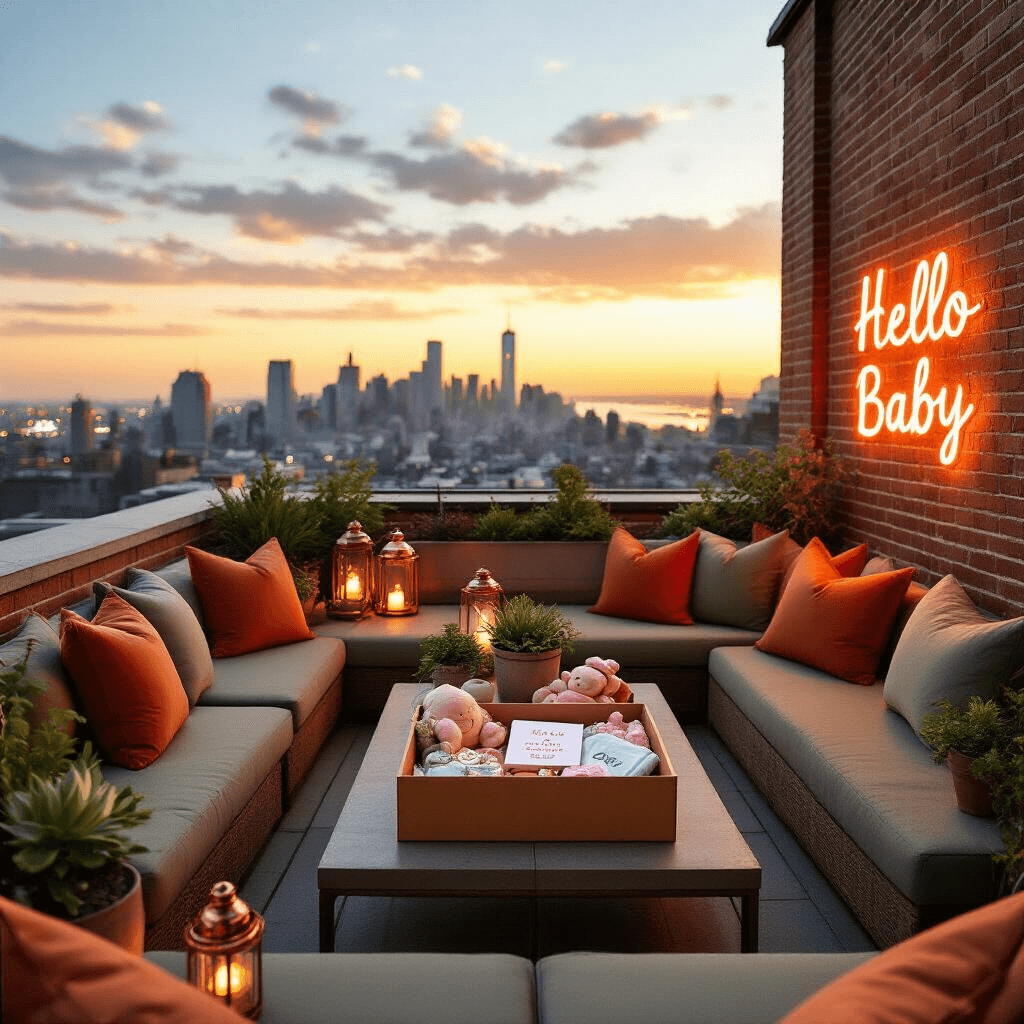 A stylish rooftop terrace at sunset features lounge seating with terracotta and sage cushions, a central low table displaying a pregnancy announcement box, copper lanterns, potted succulents, and a glowing 'Hello Baby' neon sign against an exposed brick wall, all overlooking a panoramic city skyline.
