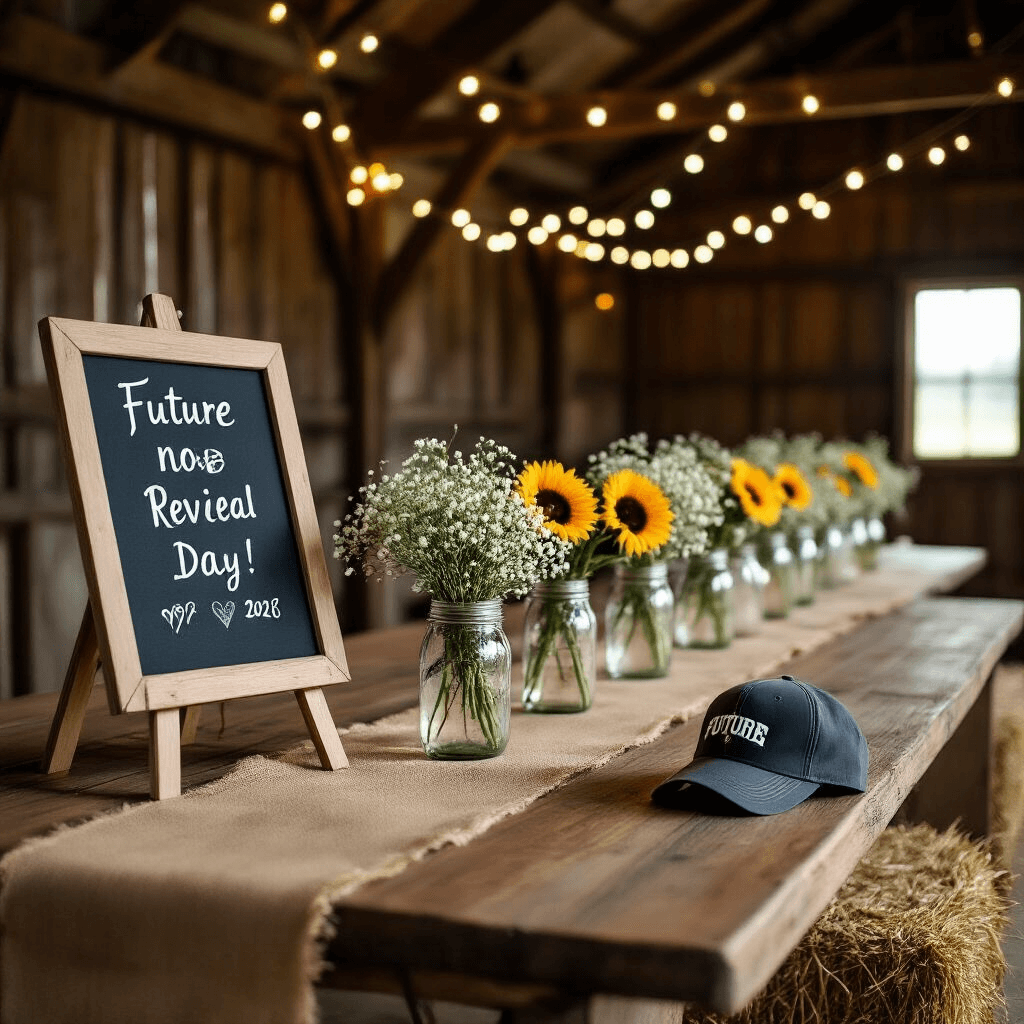 A charming barn interior decorated for a pregnancy reveal, featuring wooden tables with burlap runners, mason jars of baby's breath, vintage milk bottles with sunflowers, and a chalkboard announcement. Soft string lights illuminate the space, and a 'future dad' baseball cap sits on a hay bale.
