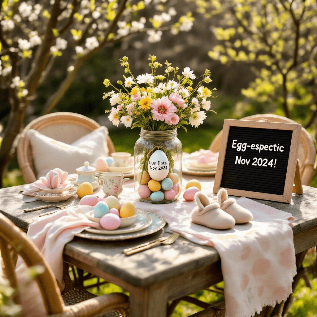 A sunlit garden brunch scene featuring a rustic wooden table with pastel linens, fresh flowers, and delicate china. A glass jar holds decorated eggs, with one egg marked 'Due Date: Nov 2024'. Wicker chairs with cushions surround the table, and a letterboard reads 'Egg-specting!'. Golden hour light filters through trees, while a pair of tiny bunny slippers rests beside a mother's feet.