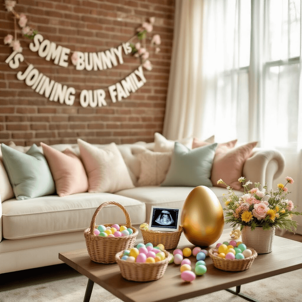 Cozy living room featuring a cream couch with blush and sage pillows, an elaborate egg hunt setup on the coffee table, including colorful eggs, baskets, spring florals, and an oversized golden egg with an ultrasound photo inside, all bathed in soft morning light with sheer curtains and a 'Some Bunny is Joining Our Family' banner on the exposed brick wall.
