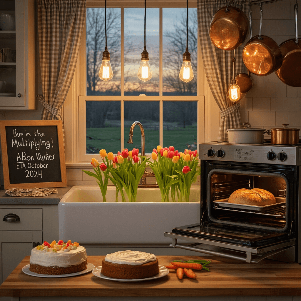 A charming country kitchen at twilight, featuring an illuminated farmhouse sink with spring tulips, an open oven showcasing a freshly baked bun, and a chalkboard with 'Bun in the Oven: ETA October 2024'. Copper pots hang overhead, while gingham curtains frame the window. On the butcher block island, a carrot cake with cream cheese frosting is accompanied by a 'We're Multiplying!' sign.