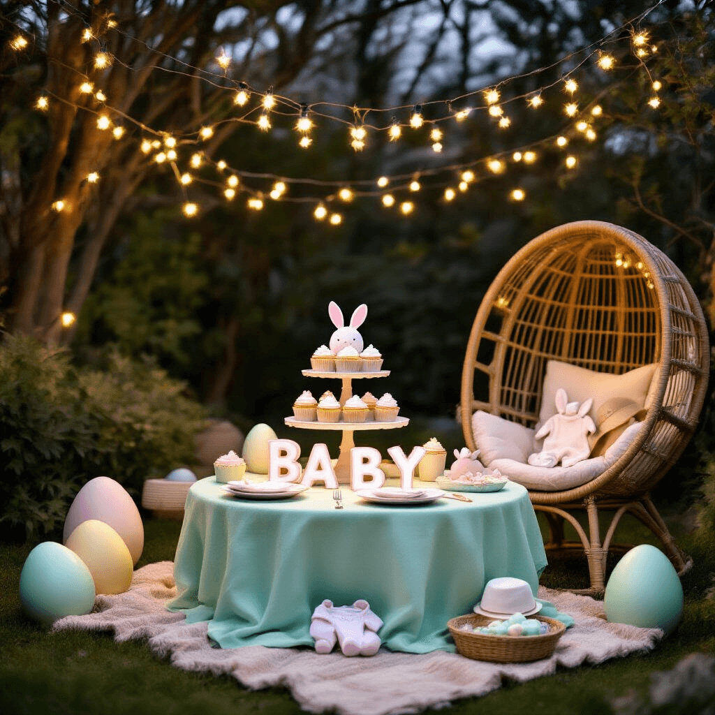 A whimsical backyard scene at dusk featuring fairy lights overhead, a mint green picnic table set for two with a bunny-eared onesie and a cake stand of pastel cupcakes spelling 'Baby', surrounded by oversized Easter eggs filled with baby items, and a rattan egg chair holding a sun hat and pregnancy book.