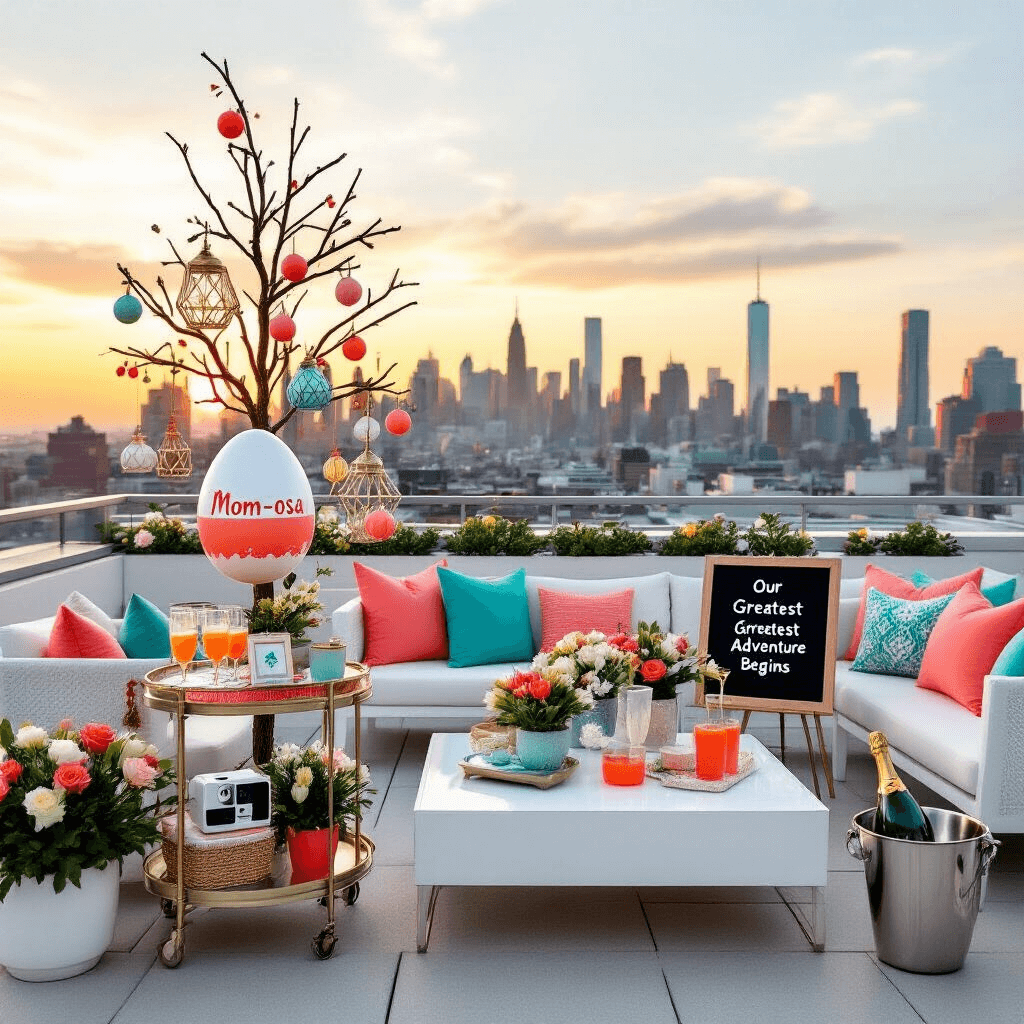 A modern rooftop terrace at sunset featuring sleek white furniture with coral and teal accents, a stylish bar cart with cocktails, an Easter egg tree for an announcement, potted spring flowers, geometric lanterns, a letterboard saying 'Our Greatest Adventure Begins', a vintage Polaroid camera, and a champagne bucket.