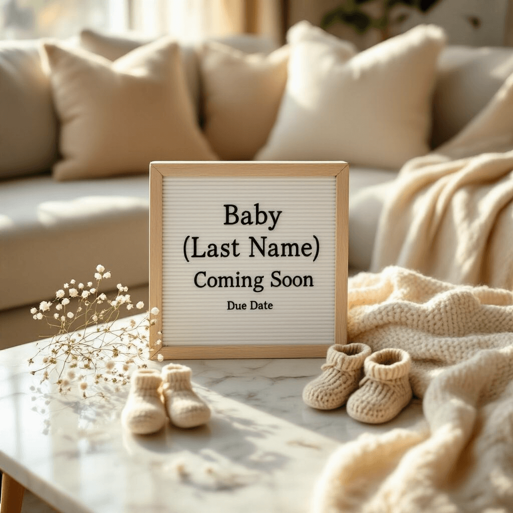 A sunlit living room featuring a white letterboard on a marble coffee table that reads 'Baby [Last Name], Coming Soon' alongside tiny knitted booties and a sprig of baby's breath, all surrounded by soft beige pillows and a cream blanket.