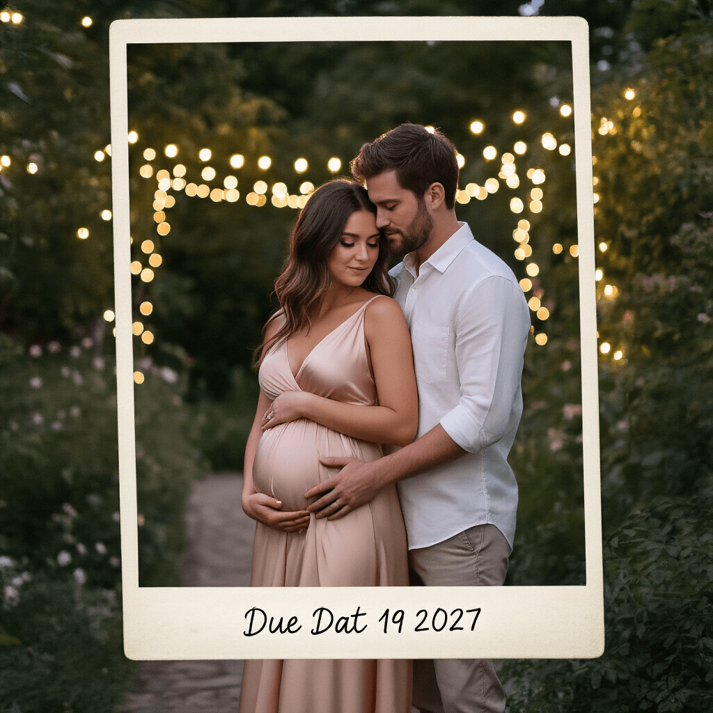 An intimate outdoor portrait at twilight of a couple embracing in a lush garden, surrounded by twinkling fairy lights. The woman, in a flowing blush silk maxi dress, rests her hands on her barely-visible bump, while the man in a crisp white shirt and khakis holds her gently. Soft bokeh effects enhance the dreamy atmosphere, with a vintage Polaroid-style frame and the due date handwritten below.