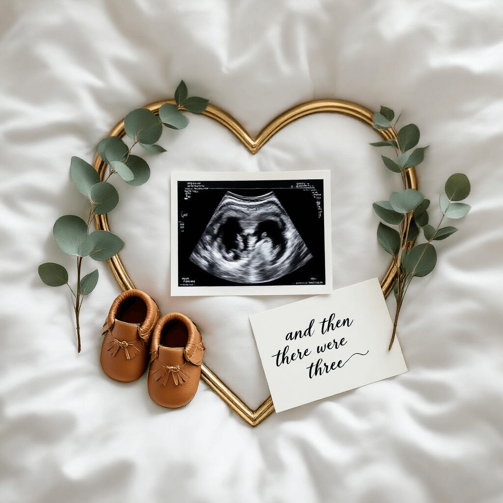 A flat lay on a white duvet featuring a black and white ultrasound image in a gold heart-shaped frame, tiny leather moccasins, a sprig of eucalyptus, and a calligraphy card that says 'And then there were three,' all illuminated by soft natural light.
