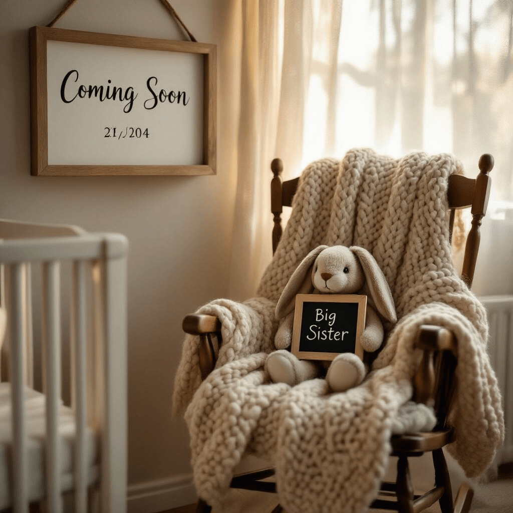 A cozy nursery corner at dawn with soft morning light, featuring a vintage rocking chair with a chunky knit blanket, a floating shelf displaying a 'Coming Soon' picture frame, and a stuffed bunny holding a 'Big Sister' chalkboard.