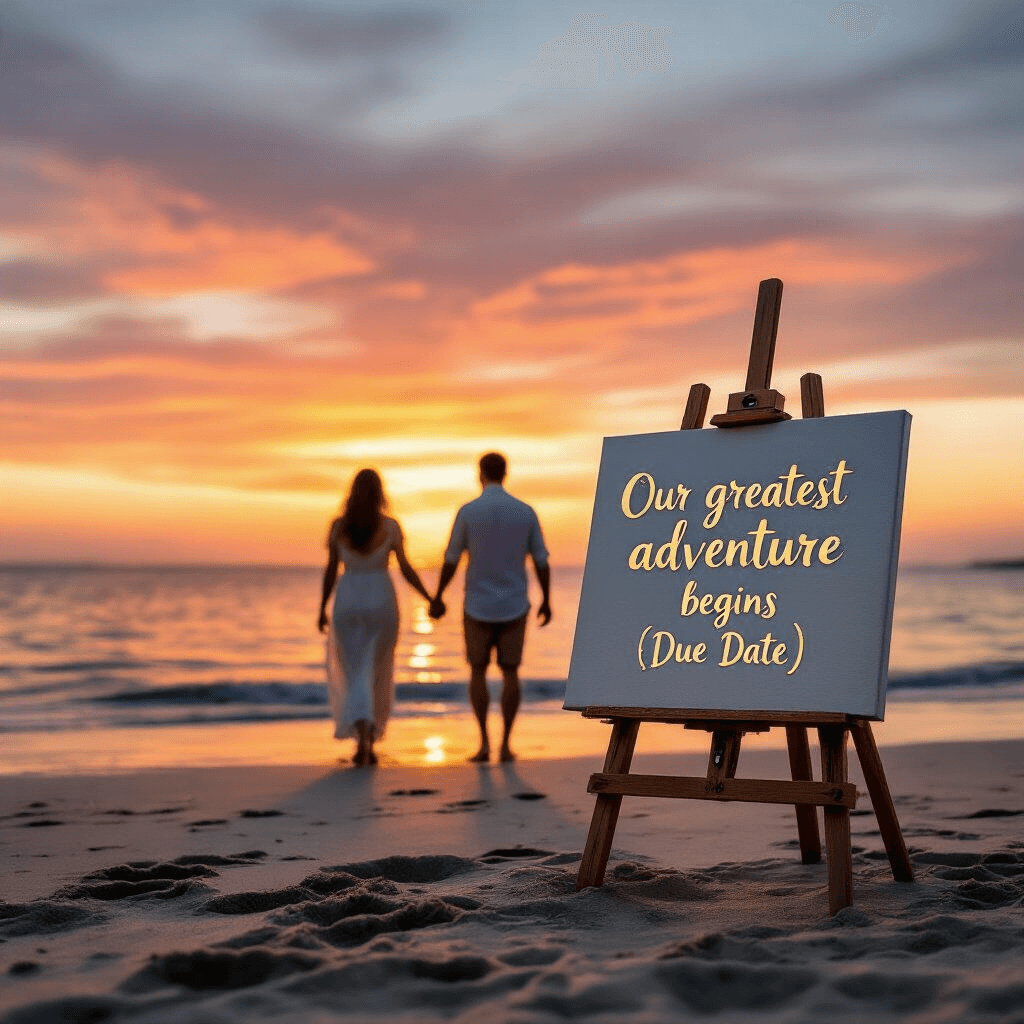 An elegant beachfront scene at sunset featuring a rustic wooden easel with gold lettering reading 'Our greatest adventure begins [Due Date].' A couple walks hand-in-hand along the shoreline, silhouetted against a vibrant orange and pink sky, while heart-shaped impressions are left in the sand by gentle waves.