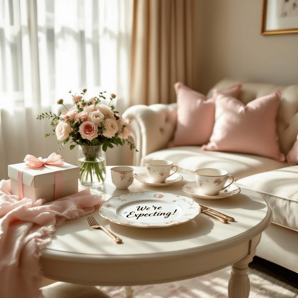 A cozy living room with soft morning light illuminating a beautifully styled breakfast table for two, featuring delicate china, fresh flowers, and a custom plate reading 'We're Expecting!', all set against a plush cream sofa with blush pink throw pillows, alongside a gift-wrapped box, conveying a sense of anticipation.