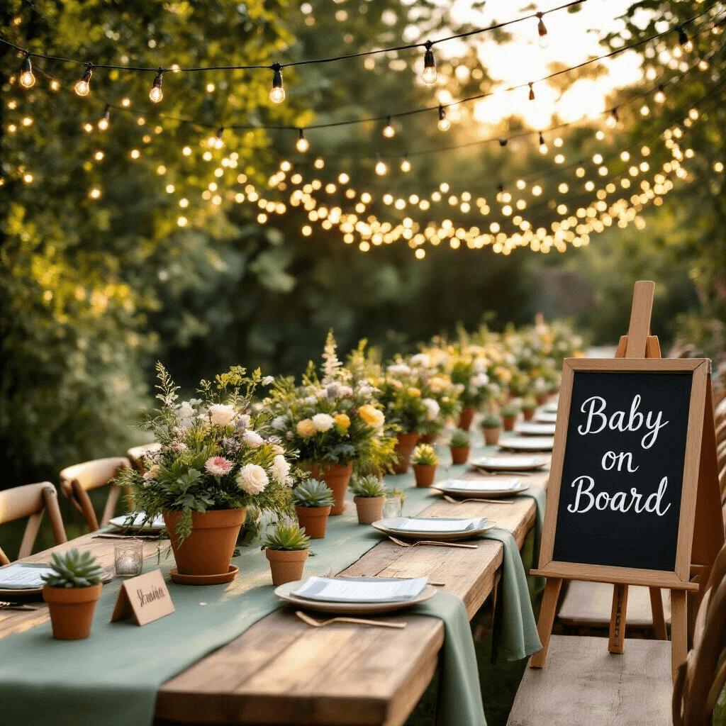 An enchanting outdoor garden party at golden hour, featuring long wooden tables with sage green linen, lush floral centerpieces in terracotta pots, personalized wooden name cards, and tiny potted succulents as favors, all under decorative fairy lights and a chalkboard easel announcing 'Baby on Board'.