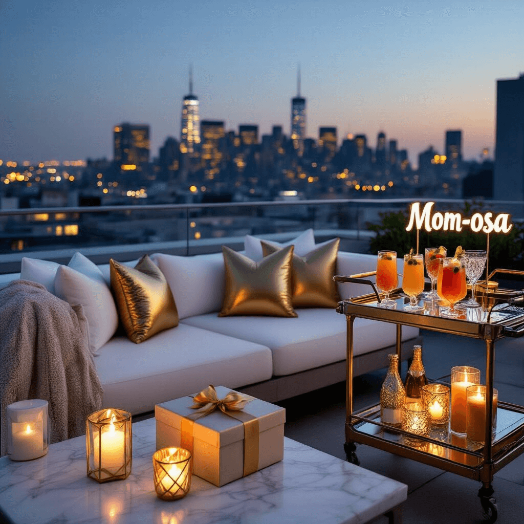 A modern rooftop terrace at twilight featuring sleek white lounge furniture with metallic gold accents, a stylish bar cart with mocktails and a 'Mom-osa' sign, floating candles casting a romantic glow, and a wrapped gift box on a marble side table, all with a city skyline in the background.