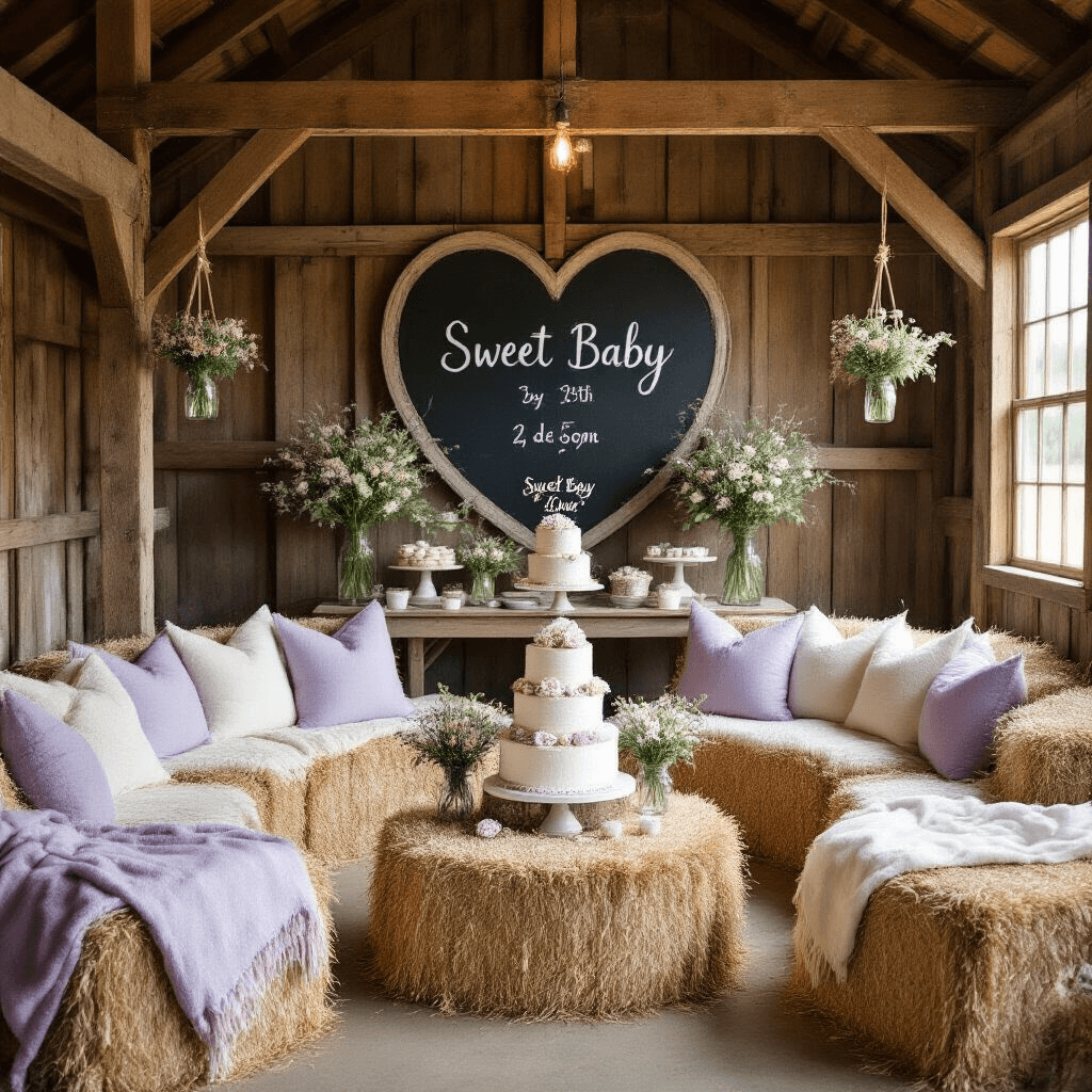 A cozy rustic barn interior set for a reveal party, featuring hay bale seating with blankets and pillows, a tiered cake with sugar flowers, hanging mason jars of wildflowers, and a chalkboard heart displaying the due date.