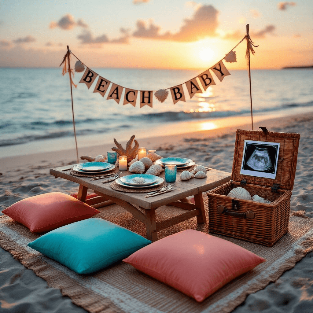 An intimate beachfront picnic setup at sunset, featuring a low table on a woven rug with plush coral and turquoise cushions, seashell plates, driftwood centerpieces, and tealight candles, along with a 'Beach Baby' banner and a wicker picnic basket containing an ultrasound photo, all bathed in golden light.