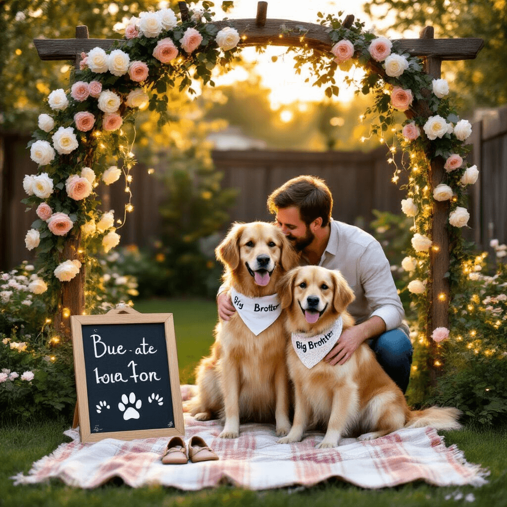 A sunlit backyard garden features a rustic wooden arch with white and blush roses, framing a couple embracing their golden retriever wearing a 'Big Brother' bandana. A chalkboard sign announces the due date while fairy lights illuminate the scene. In the foreground, a picnic blanket displays tiny baby shoes next to the dog's paw print.