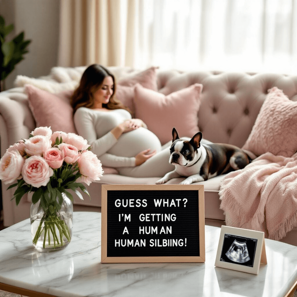 A pregnant woman relaxes on a plush velvet sofa with a Boston terrier beside her, surrounded by soft morning light. A letterboard on the marble coffee table announces 'Guess what? I'm getting a human sibling!' and a vase of fresh peonies adds to the cozy atmosphere, complemented by blush pink and cream throw pillows and billowing sheer curtains.