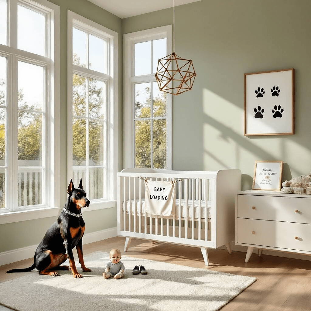 A bright, modern nursery featuring a white crib with a 'Baby Loading' banner, accompanied by a stylish Doberman in a matching shirt. The pale sage walls and warm wood floors create a cozy atmosphere, enhanced by natural light from large windows. A geometric mobile hangs overhead, while a nearby dresser displays framed paw prints and baby's first shoes.