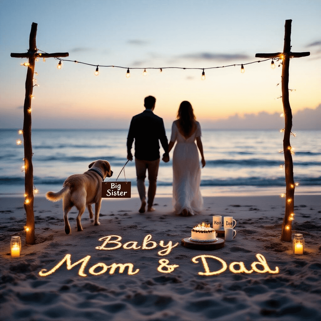 An ethereal beach at twilight features a couple walking hand-in-hand along the shoreline, backlit by the setting sun. A Labrador carries a 'Big Sister' sign in its mouth. The sand holds the words 'Baby [Last Name] Due [Date]' while soft waves lap at their feet. Twinkling fairy lights on driftwood posts illuminate a small table with a celebration cake and 'Mom' and 'Dad' mugs.