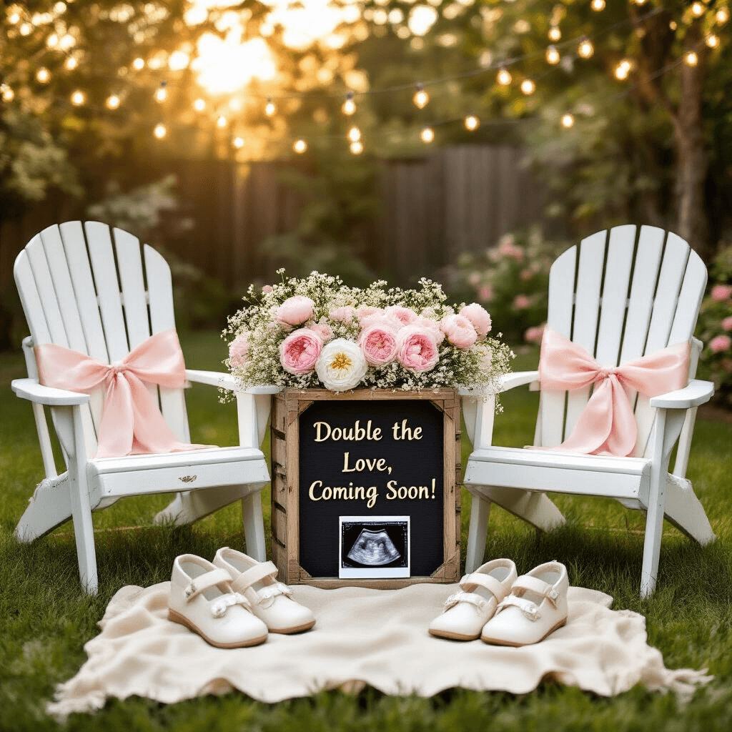 A sunlit backyard garden set for an elegant twin pregnancy announcement, featuring two white Adirondack chairs with blush pink ribbons, a rustic wooden crate filled with flowers, a vintage letterboard reading 'Double the Love, Coming Soon!', fairy lights overhead, and two pairs of tiny white baby shoes alongside an ultrasound photo on a cream linen cloth.