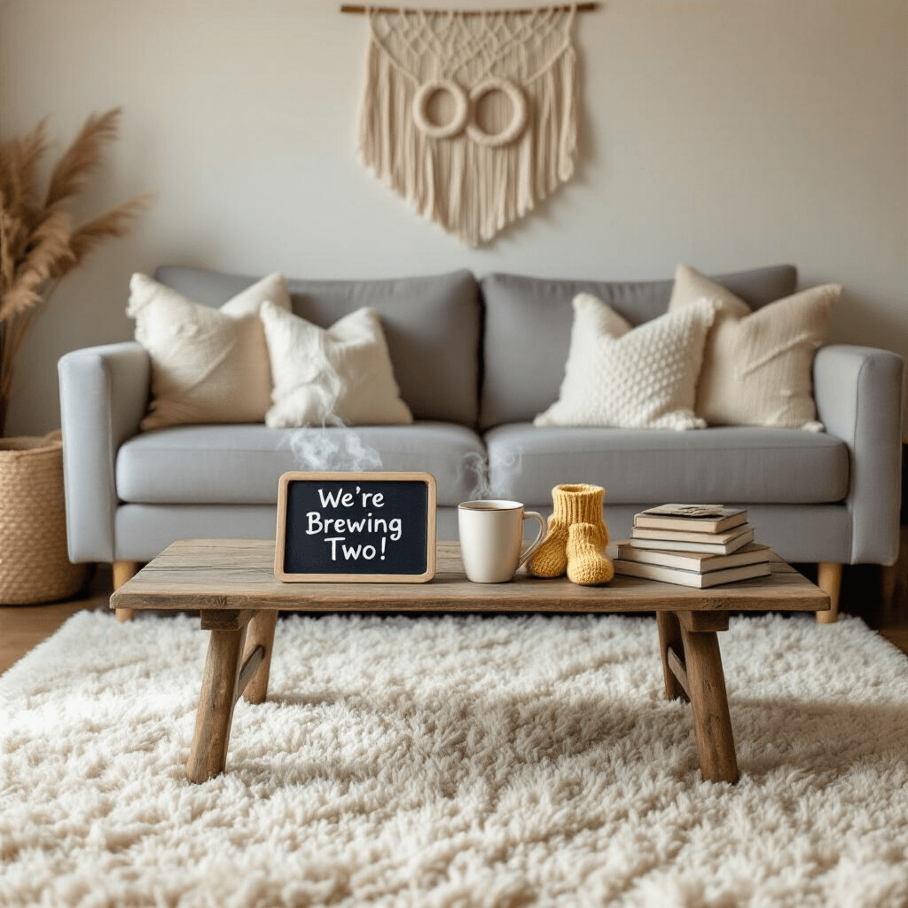 A cozy living room scene featuring a cream-colored rug and a reclaimed wood coffee table with two steaming mugs and a slate board reading 'We're Brewing Two!'. A stack of parenting books holds two pale yellow knitted booties. A gray linen sofa with textured throw pillows is in the background, and a macramé wall hanging with intertwined circles symbolizes twins. Soft morning light fills the space.