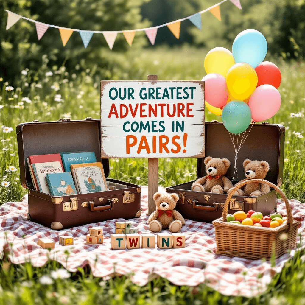 A whimsical outdoor picnic setup in a sunlit meadow featuring a gingham blanket, open vintage suitcases with children's books and colorful balloons, a hand-painted sign reading 'Our Greatest Adventure Comes in Pairs!', toy blocks spelling 'TWINS', matching teddy bears, a wicker picnic basket filled with fresh fruit, wildflowers, and fluttering pennant flags.