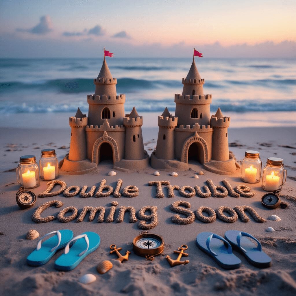 A serene beachfront at twilight featuring two ornate sand castles with flags, the phrase 'Double Trouble Coming Soon' written in sand with seashells, soft waves reflecting a sunset, pairs of adult and miniature flip-flops, glowing tealight candles in mason jars, a vintage compass, and two anchor-shaped baby rattles.