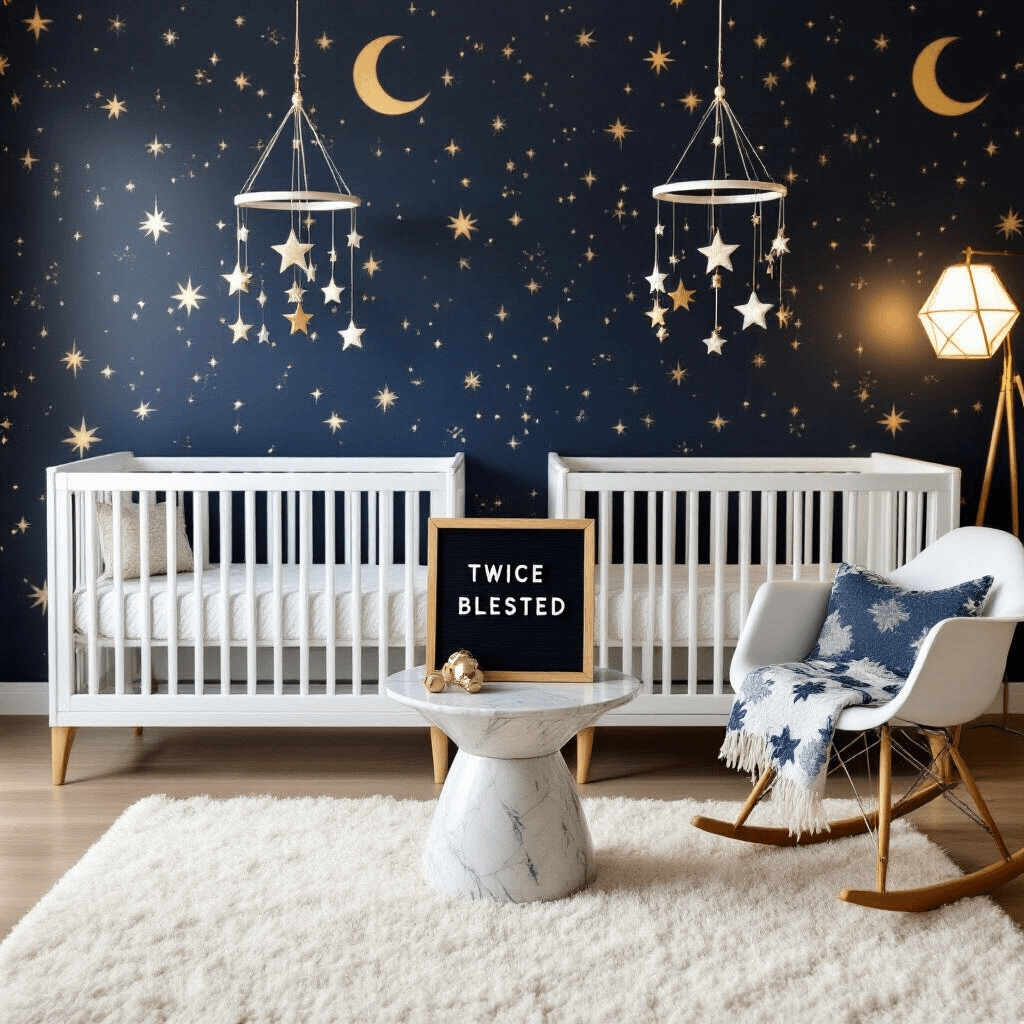 A stylish modern nursery featuring two identical white cribs against a constellation wallpaper in navy and gold. Each crib has a custom mobile with stars and moons, and a letterboard saying 'Twice Blessed' on a marble side table with silver rattles. A plush white rug covers the hardwood floor, and a mid-century modern rocking chair holds two swaddle blankets. Soft lighting from a geometric floor lamp creates a warm ambiance.
