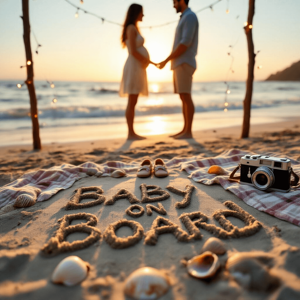 A romantic beach scene at golden hour with 'Baby on Board' written in sand, a young couple silhouetted against the sunset, tiny baby shoes beside a vintage Polaroid camera on a picnic blanket, and fairy lights strung between driftwood poles.