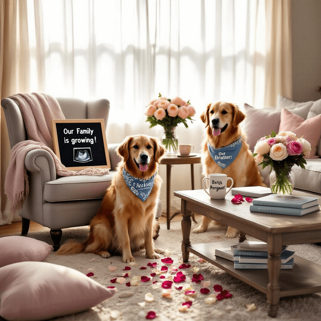 A cozy living room illuminated by soft morning light, featuring a golden retriever with a 'Big Brother' bandana next to a plush armchair. A letterboard reads 'Our Family is Growing!', accompanied by a sonogram image. Rose petals lead to a coffee table with a 'She's Pregnant!' mug, pregnancy books, and fresh peonies, all surrounded by pastel-colored decor.