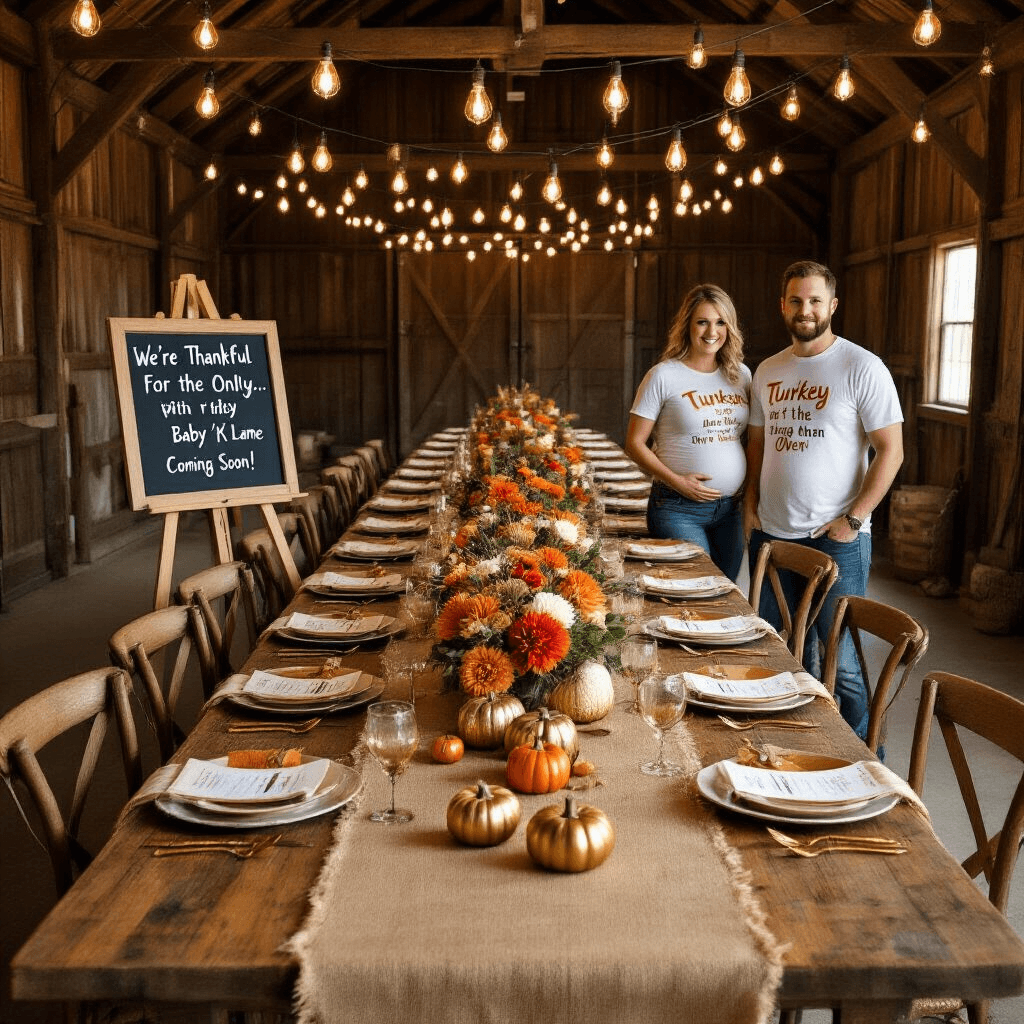 A festive Thanksgiving table in a rustic barn, featuring a burlap table runner, orange and cream florals, metallic pumpkin centerpieces, personalized wooden name cards, and gold flatware. Overhead view captures the entire tablescape, with a chalkboard easel stating 'We're Thankful For...' ending with 'Baby [Last Name], Coming Soon!' The expectant couple wears matching 'Turkey Isn't the Only Thing in the Oven' t-shirts.