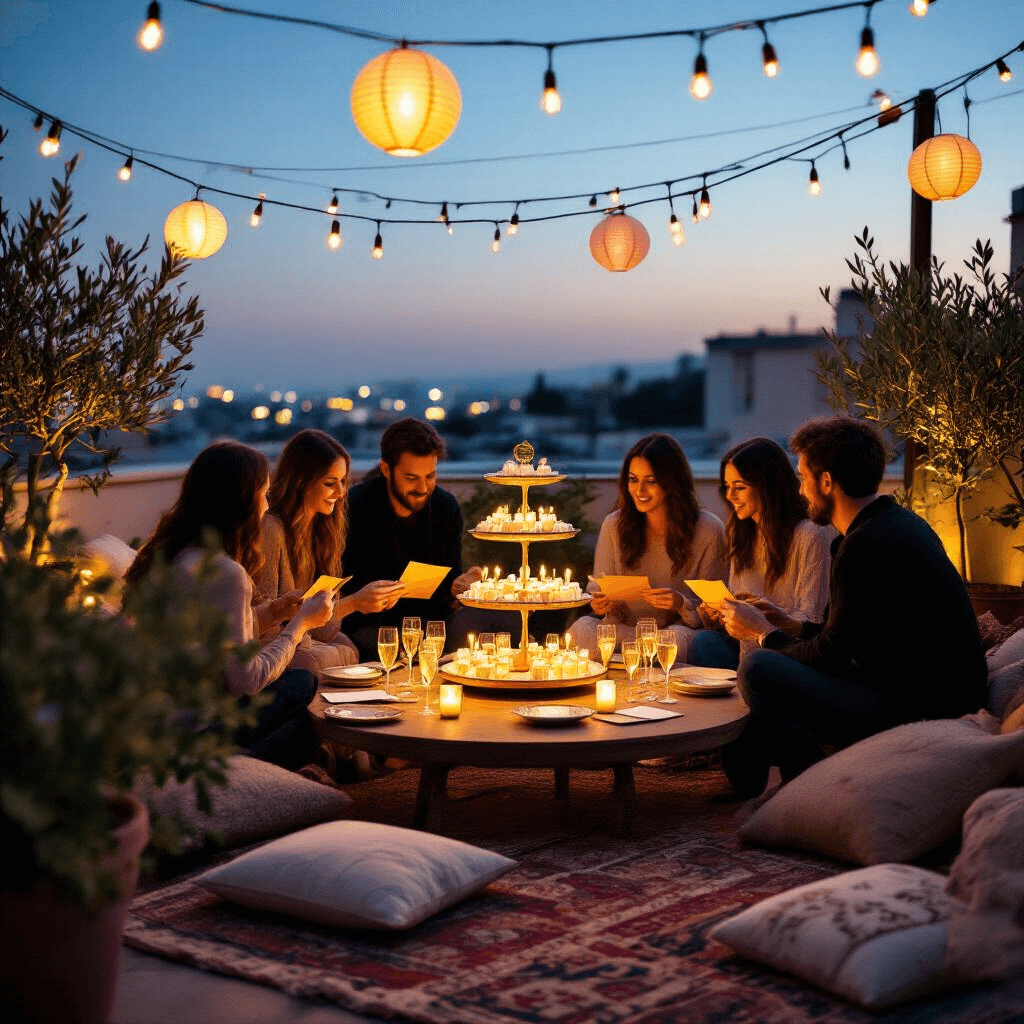A cozy rooftop terrace at twilight adorned with fairy lights and lanterns, featuring a circle of friends gathered around a low table. Each friend holds a gold envelope, while a cake stand in the center displays scratch-off cards for a pregnancy announcement. Champagne flutes filled with sparkling cider are nearby, surrounded by throw pillows and Moroccan rugs, with potted olive trees adding greenery to the scene. The elevated angle captures the group's expressions of anticipation.