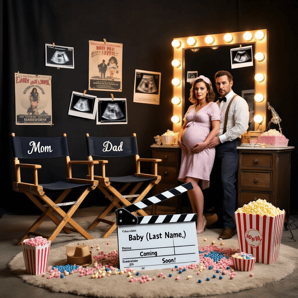 A whimsical nursery movie set featuring a clapperboard that reads 'Baby [Last Name], Coming Soon!', director's chairs labeled 'Mom' and 'Dad', pregnancy pun movie posters, a popcorn machine with pastel kernels, a Hollywood-style vanity mirror with ultrasound photos, and expectant parents in 1950s outfits posing dramatically under glamorous lighting.