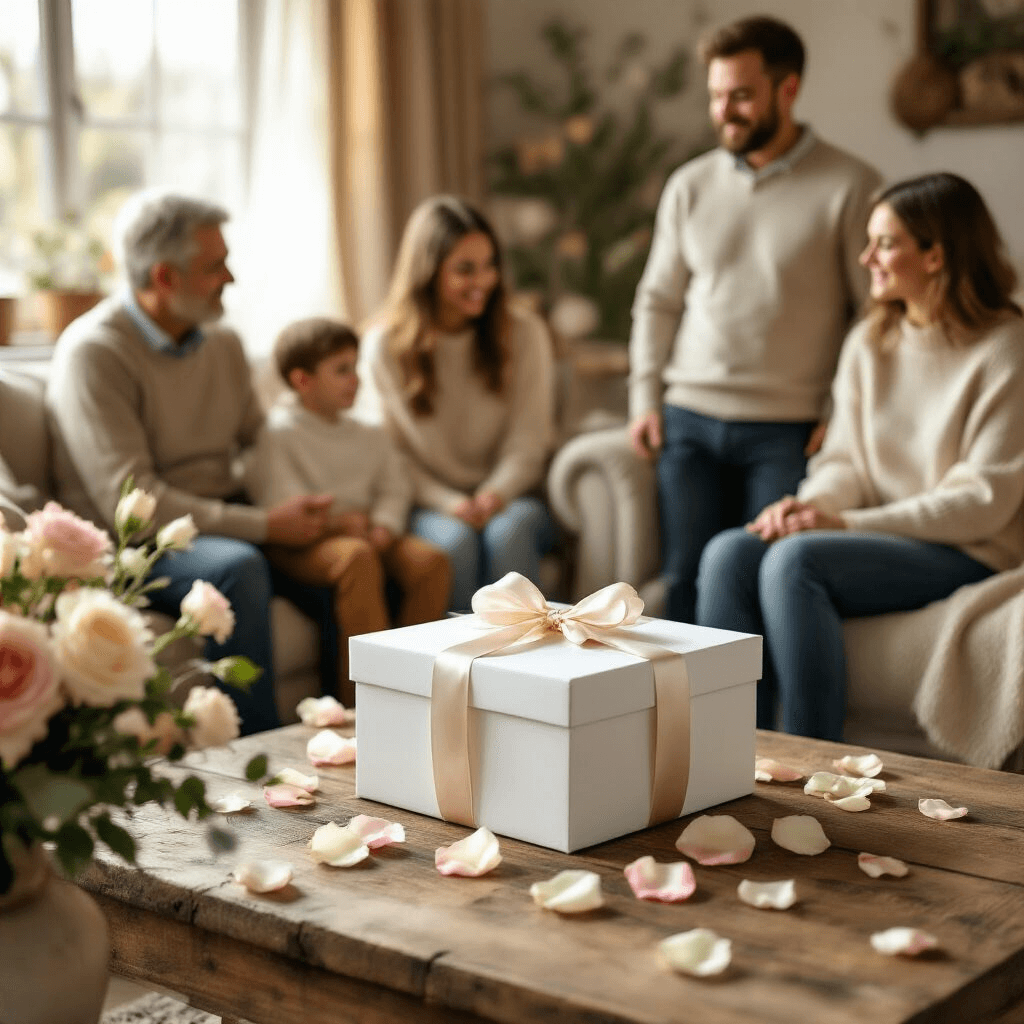 A cozy living room filled with soft morning light, featuring a rustic wooden coffee table adorned with a white gift box tied with a satin ribbon, surrounded by fresh flowers and rose petals. Family members sit in comfortable armchairs, expressing curiosity and excitement, while a smiling young couple stands nearby, holding hands in a secretly joyful moment. The room is decorated in warm, neutral tones, enhancing the intimate atmosphere.