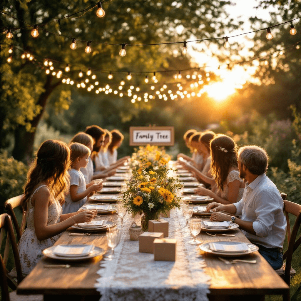 An enchanting outdoor garden party at golden hour, with string lights overhead, long farmhouse tables featuring lace runners and wildflower centerpieces, vintage china place settings with small gift boxes, families mingling in casual-chic attire, sipping from crystal glasses, and a 'Family Tree' backdrop with empty frames, all bathed in a warm sunset glow.