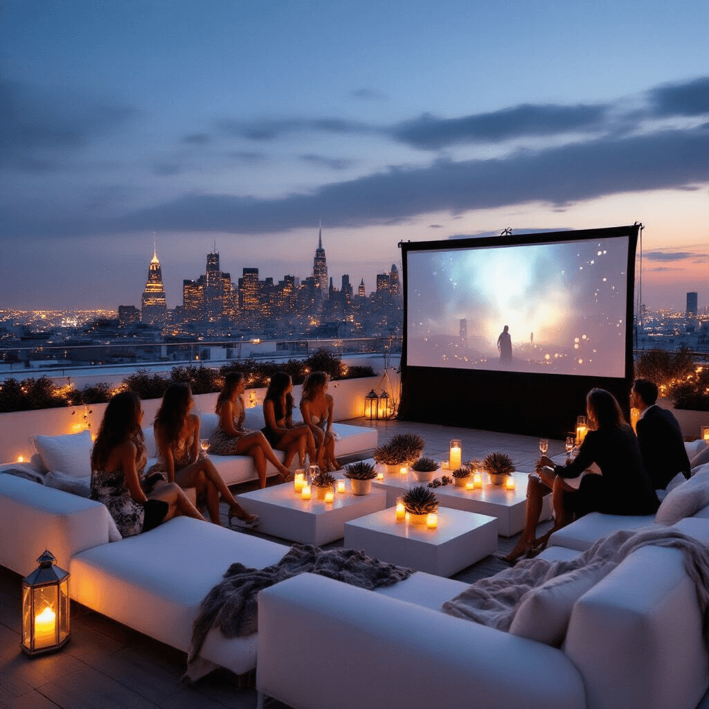A minimalist rooftop terrace features sleek white lounge furniture and low tables with candles, overlooking a twinkling city skyline at dusk. Cozy blankets and pillows are scattered around a large screen set for a mystery movie night, while fairy lights and lanterns illuminate the scene, with stylishly dressed guests chatting excitedly.
