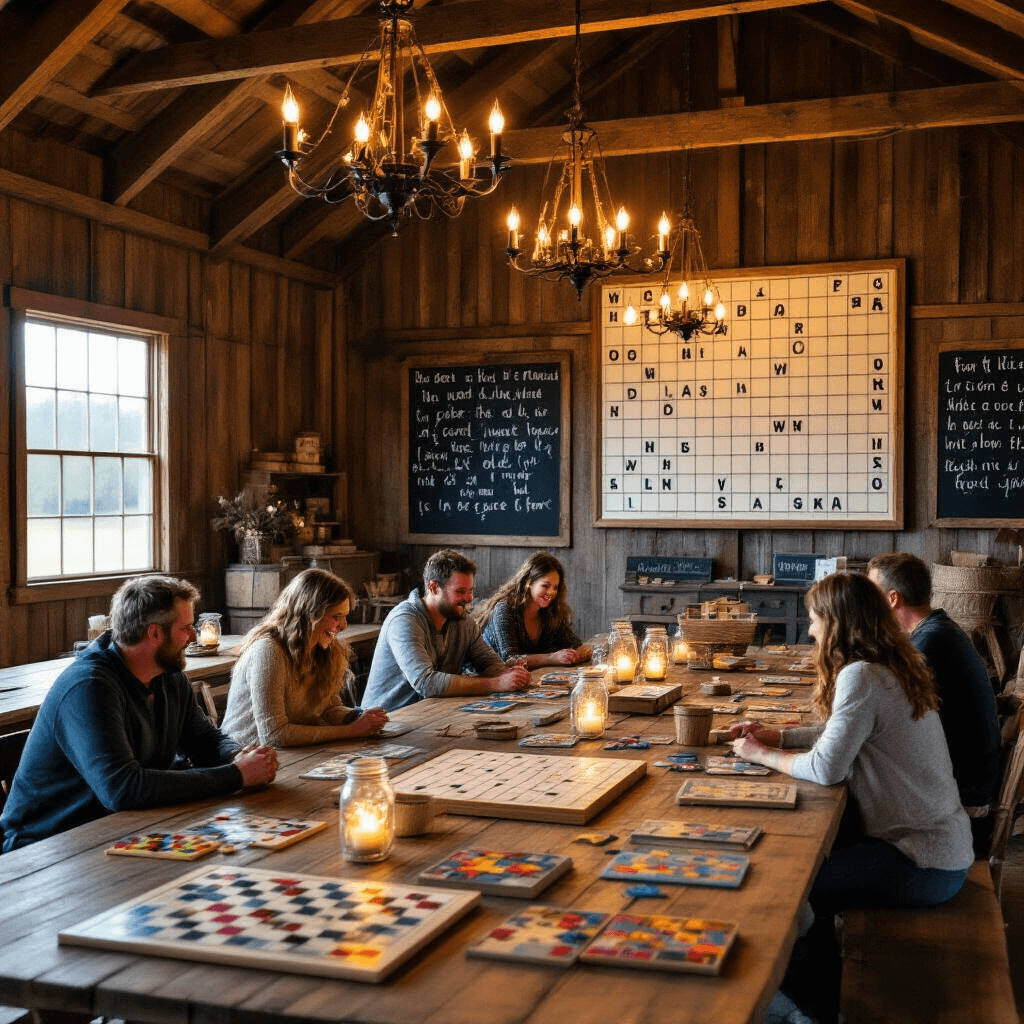 A cozy rustic barn interior transformed for family game night, featuring long wooden tables with board games and puzzles, a giant Scrabble board on the wall, and warm lighting from mason jars and iron chandeliers, while family members enjoy themselves, surrounded by charming chalkboard signs.