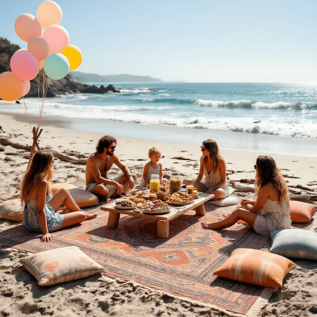 A sunny beach picnic setup with a bohemian rug, colorful cushions, a grazing board with gourmet treats, and pastel balloons, as family members relax in casual attire by the water's edge.