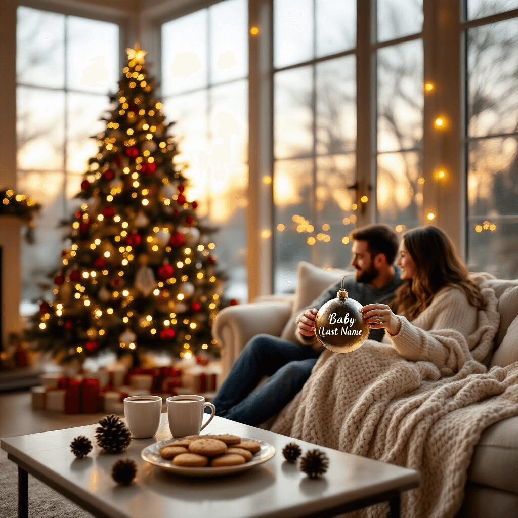 A cozy living room bathed in warm golden hour light features a beautifully decorated Christmas tree, a couple on a plush sofa wrapped in a chunky blanket, and a custom glass ornament reading 'Baby [Last Name] Coming Soon!', with cookies, hot cocoa, and fairy lights creating a magical atmosphere.