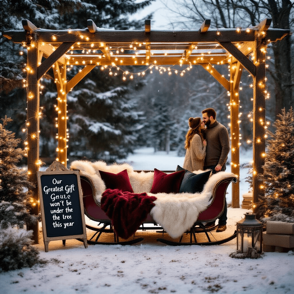 A cozy outdoor winter scene at dusk featuring a rustic pergola adorned with fairy lights, snow gently falling, a vintage sleigh filled with faux fur throws and velvet pillows, and a couple in coordinating sweaters sharing a loving look.