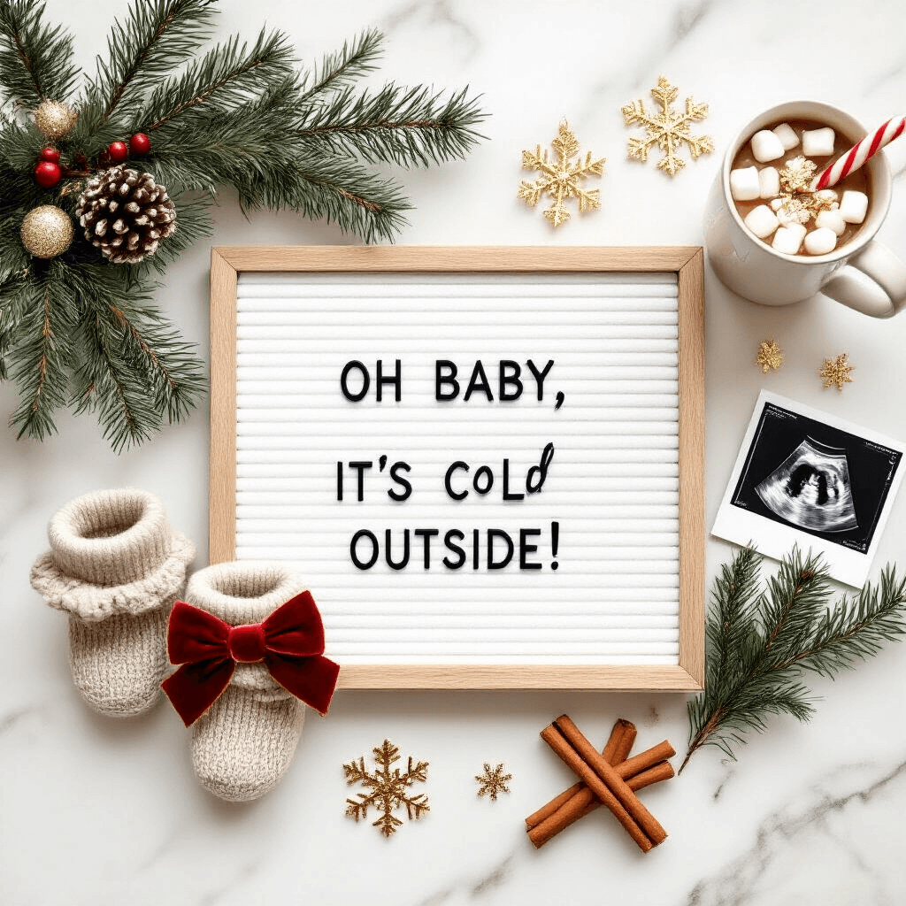 A festive flat lay on a marble countertop, featuring a letter board that reads 'Oh baby, it's cold outside!' surrounded by tiny knitted booties, a sonogram photo with a red velvet bow, fresh pine sprigs, cinnamon sticks, and gold snowflake ornaments. A mug of hot chocolate with marshmallows and a candy cane stirrer is nearby, illuminated by soft overhead lighting.