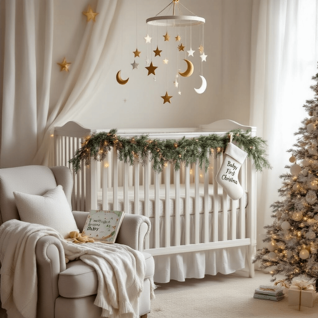 A whimsical nursery with soft lighting features a white crib adorned with a greenery garland and twinkling lights, a mobile of gold stars and moons above, and a personalized stocking. An overstuffed armchair with a folded quilt and a children’s book, alongside a small pastel-decorated Christmas tree, completes the dreamy scene.